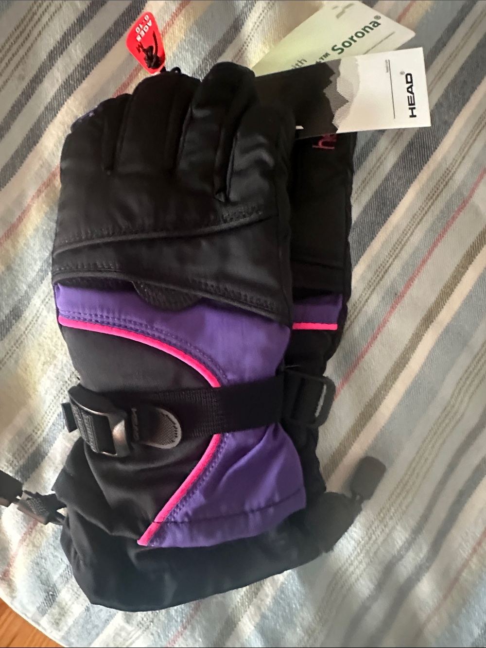 HEAD Kids Black Purple lined gloves with Pink and purple Trim